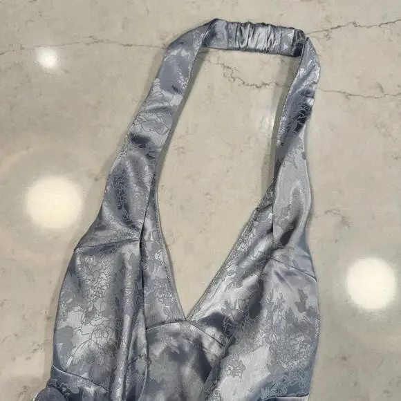 Windsor Satin Jacquard Halter Top Gray Silver Women's Large Tie Y2K Party Baddie - Picture 11 of 16